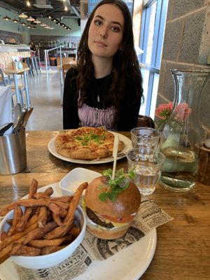 Margarita pizza and ultimate burger and sweet potato fries at Natural Bar & Kitchen in Birmingham