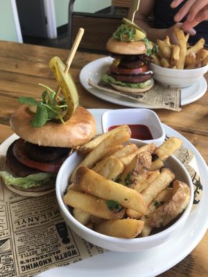 Breakfast burgers and best chips I’ve ever had! at Natural Bar & Kitchen in Birmingham