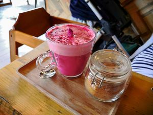 Beetroot latte at Natural Bar & Kitchen in Birmingham