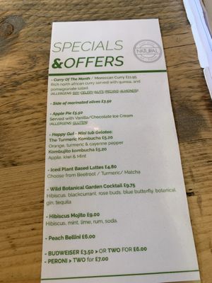 Specials, October 2019 at Natural Bar & Kitchen in Birmingham