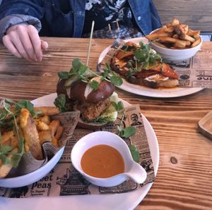 Salmon and cream cheese with chips & beer battered burger with cheesy chips at Natural Bar & Kitchen in Birmingham