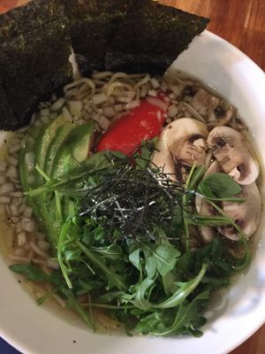 VEGAN RAMEN ? Love the addition of arugula. Broth is extremely flavorful. at Schlouppe Bistrot Nakamichi in Montreal