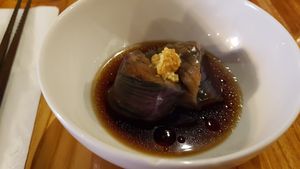 Fried aubergine in a broth (served cold) at Schlouppe Bistrot Nakamichi in Montreal