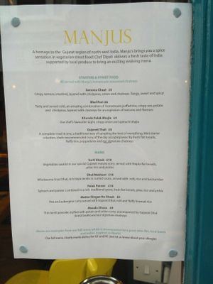 menu at Manjus in Brighton