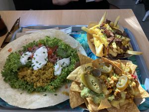 Shawarma wrap, loaded fries and nachos  at Khambú Quart in Valencia