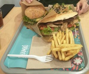Chick'n sandwich, burger, fries. at Khambú Quart in Valencia