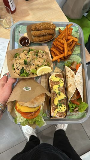 Chicken tenders, broccoli, fries, burger, burrito and a wrapp  at Khambú Quart in Valencia