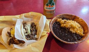 Soy Pastor taco, Ongos taco, and rice and black beans at Robo Taco in Portland