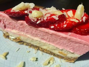 Raw vegan lemon and strawberry cake at Silver Pot in Nicosia