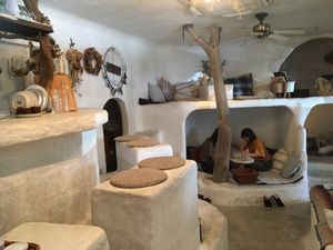 The small balcony style seating area and comfy area below. at Teeda in Himeji