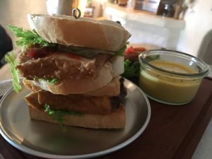 Rear view of delicious tofu, vegetable  and peanut butter sandwich. at Teeda in Himeji