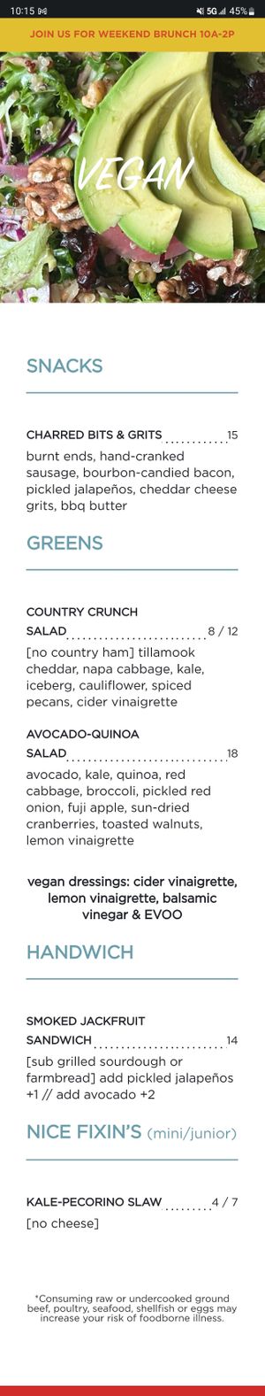 Vegan section of the menu. Some items are not actually vegan. at Char Bar in Kansas City