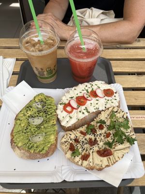 Iced coffee with almond milk, grapefruit juice, avocado, hummus and almond cheese sandwiches   at Lifehouse Bistro in Prague