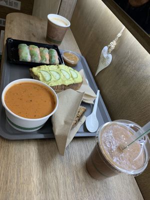 Spring rolls, soup of the day (tomato), eggless toast, cocoa milkshake at Lifehouse Bistro in Prague
