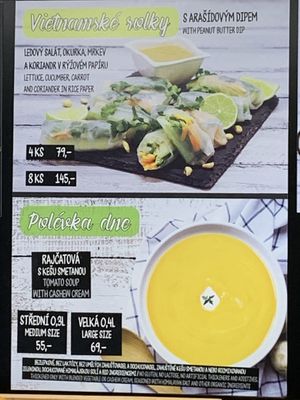 Spring rolls (lettuce, cucumber, carrot, coriander) and soup menu (changes daily) at Lifehouse Bistro in Prague