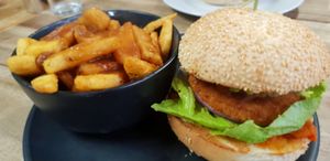 Chicken burger with loaded fries, gravy at MooFree Burgers  in Maroochydore