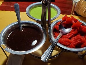 Tamarind Chutney, Onion Chutney, and didn't try the mint Chutney because it has dairy at Spice Club Indian Grill in Fort Myers