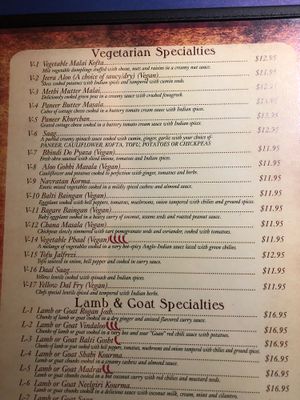 Vegan options say vegan to the right  at Spice Club Indian Grill in Fort Myers