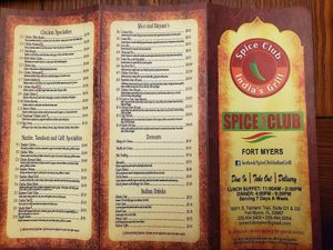 Menu at Spice Club Indian Grill in Fort Myers