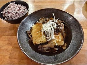 Wild mushroom soup with fried tofu and local rice 900¥ at Hakko in Hirao