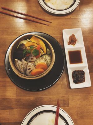 Steamed Vegetables with dipping sauce  at Hakko in Hirao