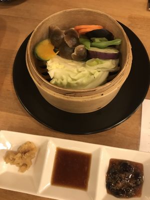 Steamed vegetables & mushrooms with 3 types of dipping sauce  at Hakko in Hirao