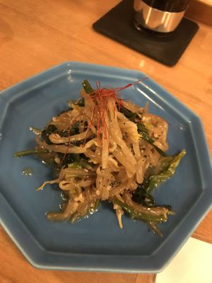 Bean sprout & spinach marinated with soy sauce, shoyu koji & sesame at Hakko in Hirao