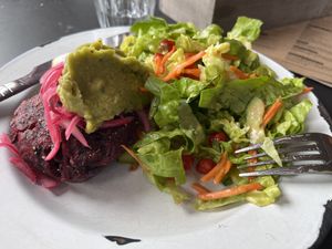 Beans and beets burger with salad  at Box Burger in Bray