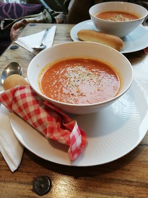 Lovely tomato soup with a vegan 'worstenbroodje' at Pleiade in Tilburg