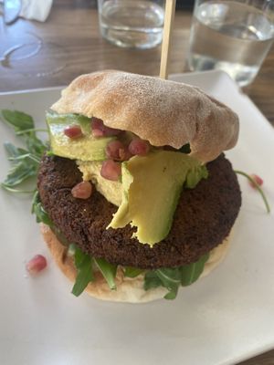 Ciabatta con Falafel burger, avocado, pomodori, insalata, melograno e hummus (al posto che Tzatziki)  at Gourmet Burger Room in Marbella