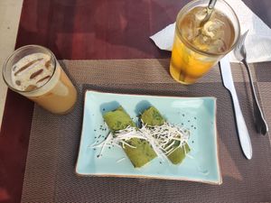 Banana crepe, soy milk coffee, kombucha at The Veg - Organic Vego and Tea in Hanoi