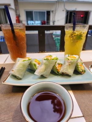 Rolls with avo cucumber carrot noodles in sweet and sour dip at The Veg - Organic Vego and Tea in Hanoi