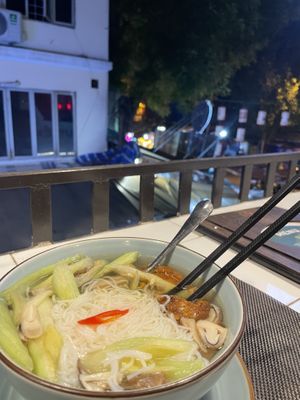 Noodle soup, watermelon juice and quiet view of street all very nice.  at The Veg - Organic Vego and Tea in Hanoi