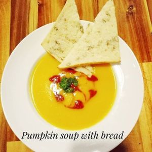 Pumpkin soup with bread at The Veg - Organic Vego and Tea in Hanoi