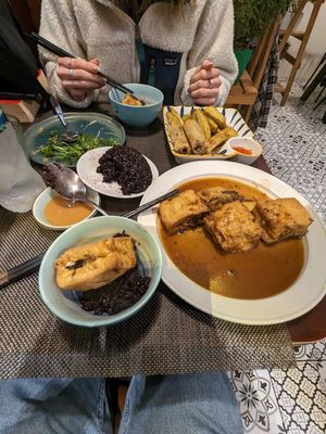 Tofu stuffed with veg, sticky red rice, spring rolls, sweet potato chips at The Veg - Organic Vego and Tea in Hanoi