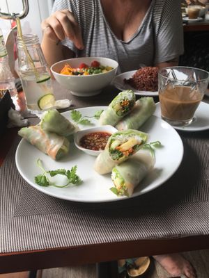 Fresh fruit spring rolls and iced coffee  at The Veg - Organic Vego and Tea in Hanoi