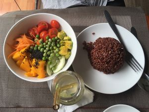 Salad bowl and fresh, sugarfree lemonade  at The Veg - Organic Vego and Tea in Hanoi