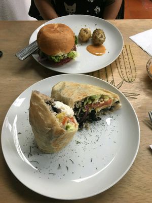 Burrito and burger  at Flora in Quito