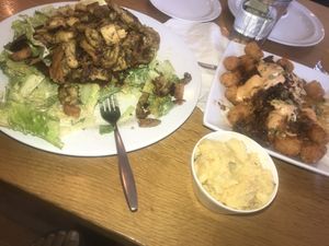 absolutely delicious caesar salad with bacon and chx, yummmy potato salad, and yummy animals tots at J Selby's in St Paul