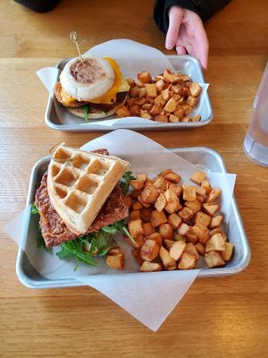 Breakfast sandwich (top) chicken and waffle sandwich (bottom)   at J Selby's in St Paul