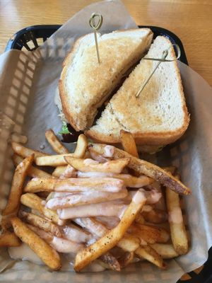 Clubhouse Sandwich with Cheesy Fries. Super good & filling. at J Selby's in St Paul