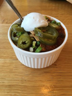 Small Chili with Sour Cream & Pickled Jalapeno Peppers. A nice zippy side. at J Selby's in St Paul
