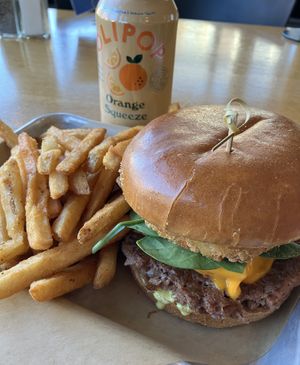 Breakfast Burger. Meatless patty, Just Egg, hashbrown & more on a brioche bun. at J Selby's in St Paul