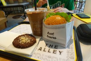 Hawaiian jackfruit burger, chocolate cookie and peanut butter shake  at The Alley in Melbourne