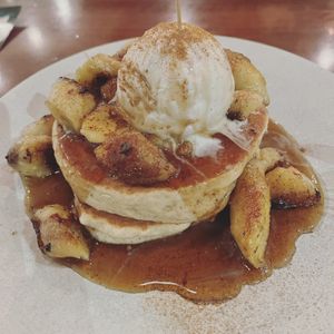 Jamaican pancakes with banana, cinnamon, vegan ice cream and maple syrup  at The Pancake Parlour - Melbourne Central in Melbourne