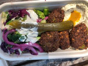 Falafel and braised broccoli plate - delicious  at Just Falafs in Fitzroy North
