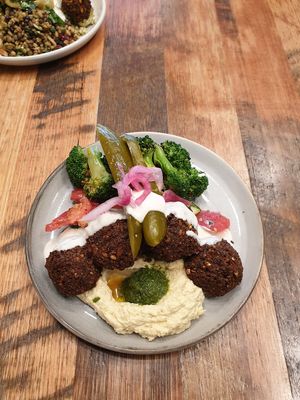 Charred broccoli salad plate at Just Falafs in Fitzroy North