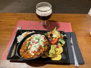 Vegan Chili with Belgian beer (Chimey Bleue)  at La Esterella in Lagos