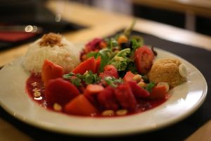 beetroot peanut vegan plate at La Esterella in Lagos
