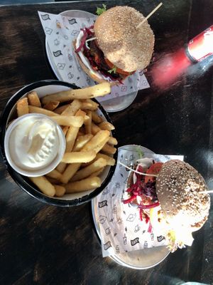 2 x veg burgers and chips at Main Street Burger Bar in Byron Bay